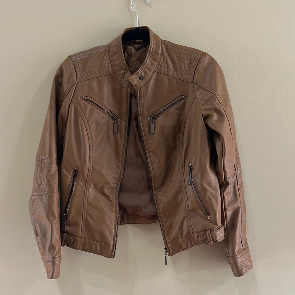 Jou Jou Brown Leather Moto Jacket with Stand-Up Collar (Fits like Small)